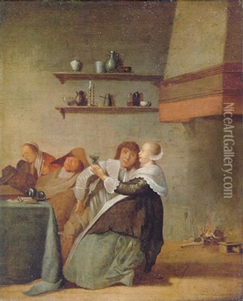 A Tavern Interior With Figures Drinking And Sleeping Around A Table Beside A Fireplace Oil Painting - Pieter Jacobs Codde