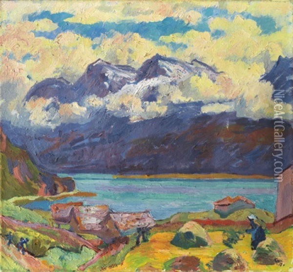 Morgenstimmung - Stalle Und Heuerin In Capolago Mit Blick Auf Den Silsersee Und Den Corvatsch Oil Painting - Giovanni Giacometti