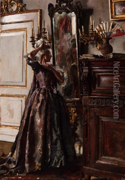 Elegant Woman In Front Of A Mirror Oil Painting - Romain Looymans