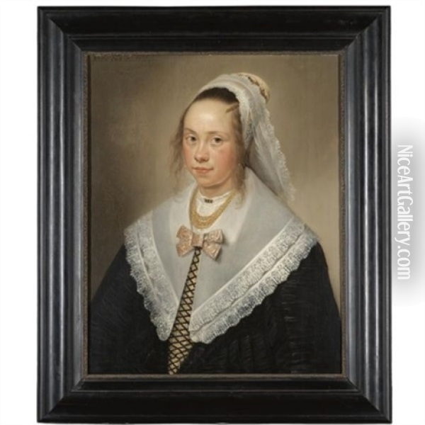 Portrait Of A Young Lady, Said To Be Elisabeth Wybo, At The Age Of 17, Wearing A Gold Necklace And A White Headdress Oil Painting - Jan Albert Rootius