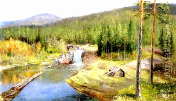 Vattenfall I Skogslandskap Oil Painting - Olof Hermelin