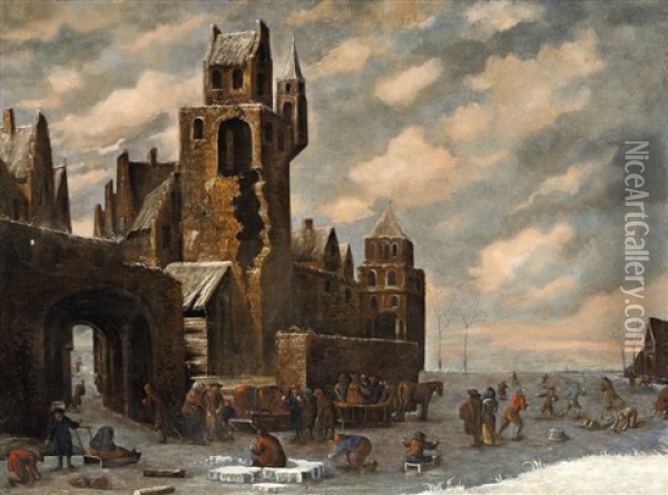 View Of A City In Winter Oil Painting - Thomas Heeremans