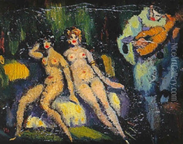 Mujeres Desnudas Y Arlequin Oil Painting - Federico Beltran Masses