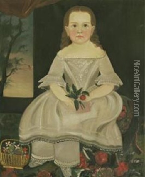 Rosy-cheeked Young Girl Wearing A Lace-trimmed White Dress And Pantaloons With A Basket Of Flowers Seated On A Stool On A Flowered Carpet: A Portrait Of Ellen Oil Painting - Sturtevant J. Hamblen