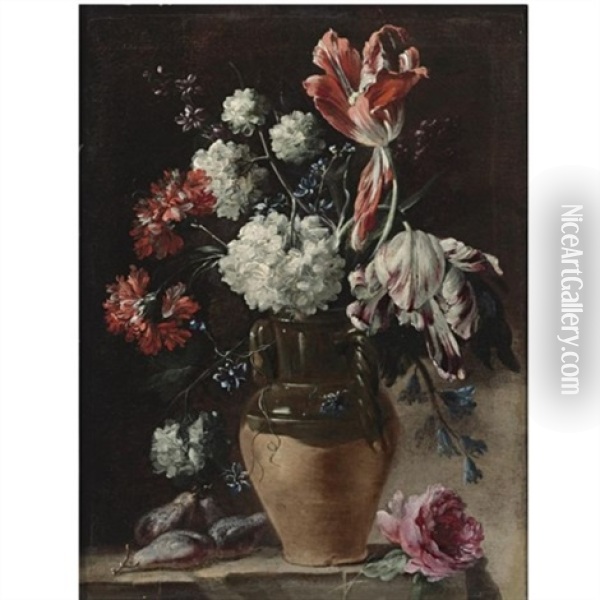 Still Life With Tulips, Carnations And Other Flowers In A Ceramic Vase, A Bunch Of Figs, And A Rose, All Resting On A Stone Ledge Oil Painting - Andrea Belvedere