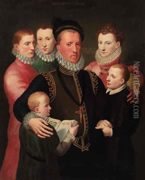 A group portrait of the Winton family, standing three-quarter-length George, 7th Lord Seton in a gold-trimmed black doublet Oil Painting - Sir John Baptist de Medina