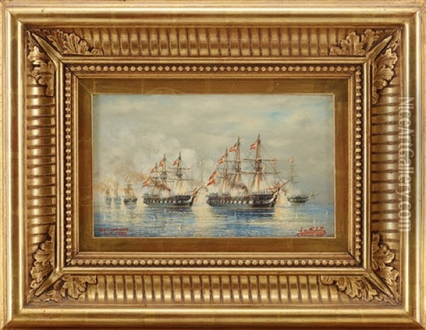 Sjoslagen Helgoland Och Lissa - Ett Par Oil Painting - Ludwig Rubelli Von Sturmfest