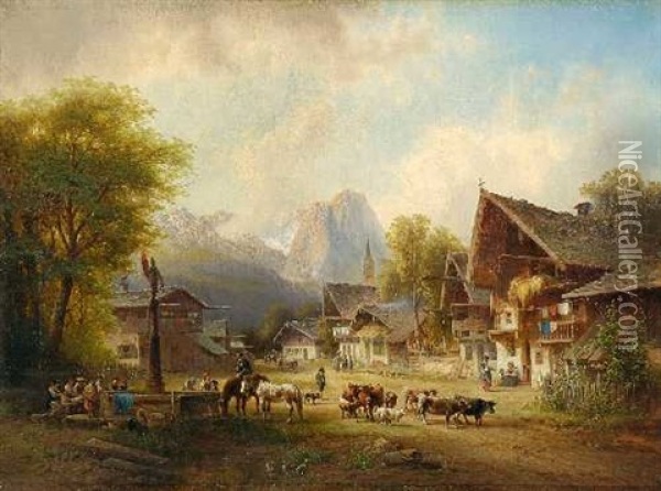 Bauern Mit Vieh In Garmisch Oil Painting - Anton Doll