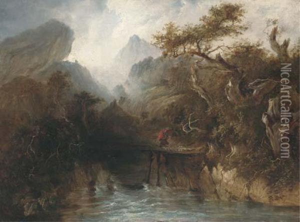 A Figure Crossing A Gorge With An Approaching Storm Beyond Oil Painting - Patrick, Peter Nasmyth