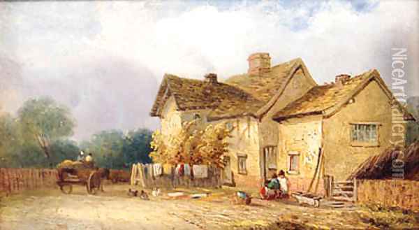 Children Before A Cottage With A Horse And Cart Beyond Oil Painting - Georgina Lara