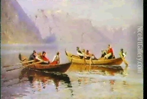 Unge Mennesker Der Ror Om Kap Pa En Norsk Fjord Oil Painting - Hans Dahl