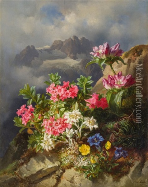Alpine Flowers In Mountain Scenery Oil Painting - Andreas Lach