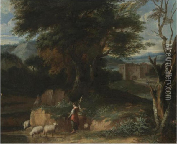 A Wooded Landscape With A Shepherdess Tending Her Flock, A Castlebeyond Oil Painting - Jacques D Arthois