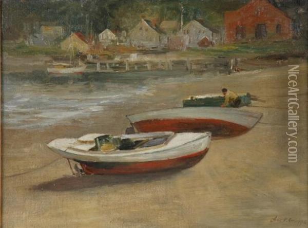 Beached Boats With Fishing Shacks In The Distance Oil Painting - Charles Paul Gruppe