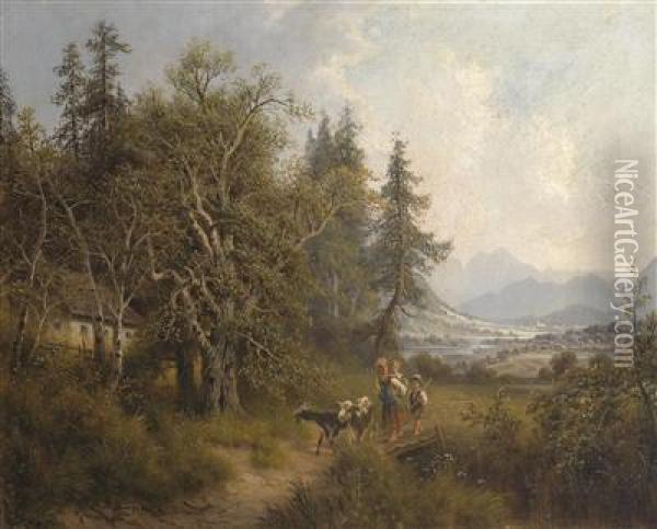 Scene Of The Salzkammergut, View Of Thetraunthal Oil Painting - Josef, Jacob Burgaritzky