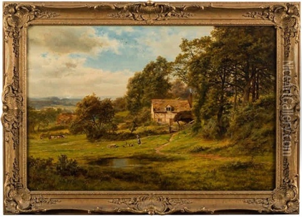A Extensive Country Scene; Chickens Feeding, A Pond And Cottage In The Foreground, View To Cattle And A Farm Beyond Oil Painting - Robert Gallon