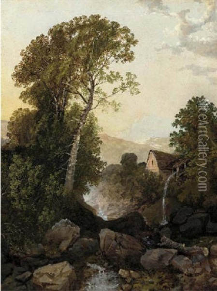 A Watermill With Snowdon Beyond Oil Painting - John Berney Ladbrooke