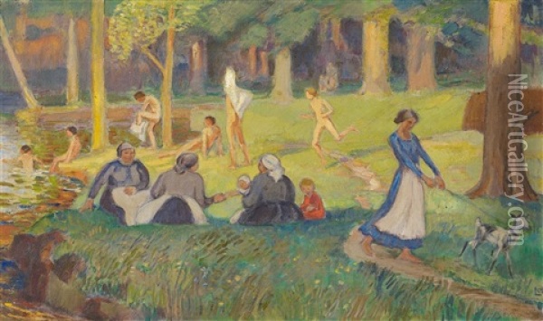 Sommerabend Am Fluss / Motiv Aus Fontainebleau Oil Painting - Ludwig Von Hofmann