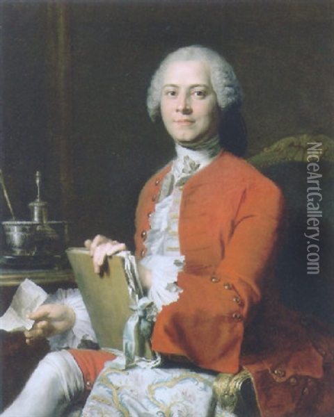 Portrait Of M. Roques, In A Red Jacket, A Book In His Right Hand, A Letter In His Left Oil Painting - Jacques Andre Joseph Aved