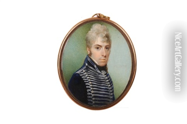 Portrait Miniature Of An Officer Of The Hussars Regiment Oil Painting - John Thomas Barber Beaumont