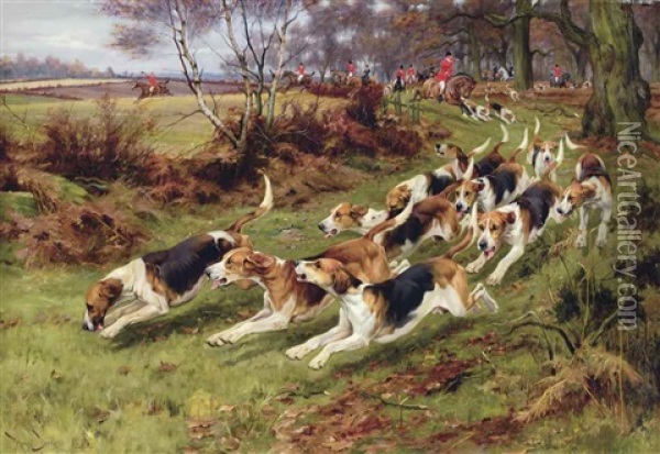 Gone Away, The Rufford Hounds Breaking Cover In Sherwood Forest Oil Painting - Wright Barker