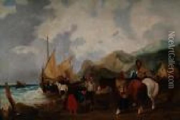 Fisherfolk On The Shore Oil Painting - Snr William Shayer