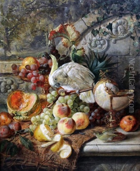 Still Life Of Fruit On A Ledge With A Cockatoo Oil Painting - Joseph Denovan Adam