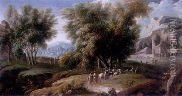 A Wooded Italianate Landscape With Travellers In The Foreground A Town And Mountains Beyond Oil Painting - Alessio De Marchis