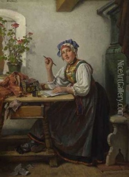 Junge Bauerin Beim Schreiben Eines Briefes Oil Painting - Joseph Watter