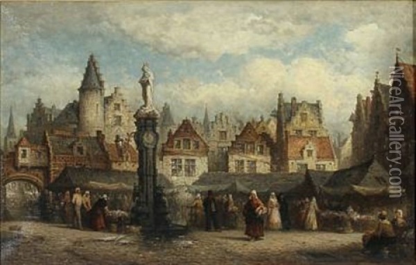 Market Scene In A Belgian Town, Presumably Antwerp Oil Painting - Hendrik Frans (Henri) Schaefels