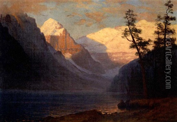 Evening Glow, Lake Louise Oil Painting - Albert Bierstadt