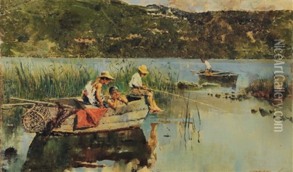 Paesaggio Con Pescatorelli Oil Painting - Arcadi Mas y Fondevila