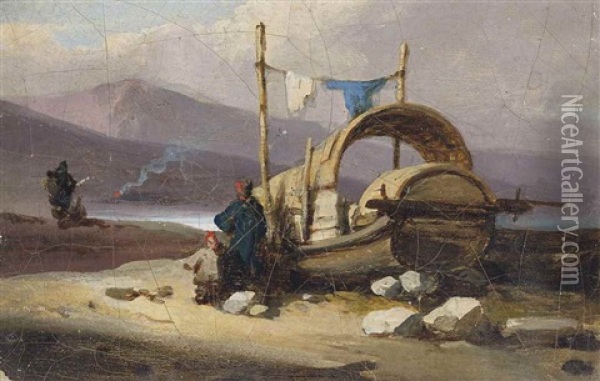 A Tanka Boat On The Shore, Macao Oil Painting - George Chinnery