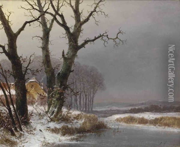 A Serene Winter Landscape Oil Painting - Josefus Gerardus Hans