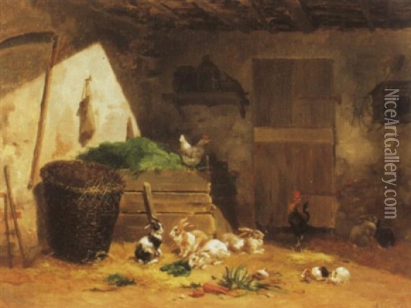 Stallinneres Mit Kaninchen Und Huhnern Oil Painting - Noel Saunier