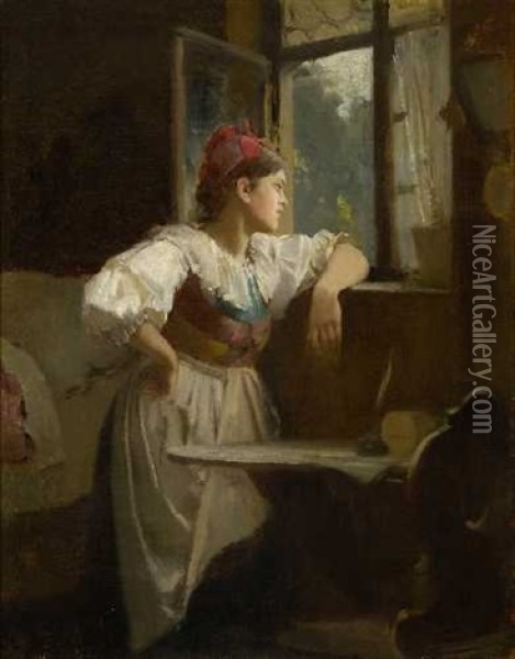 Dirndl Am Fenster Stehend Oil Painting - Franz Von Defregger