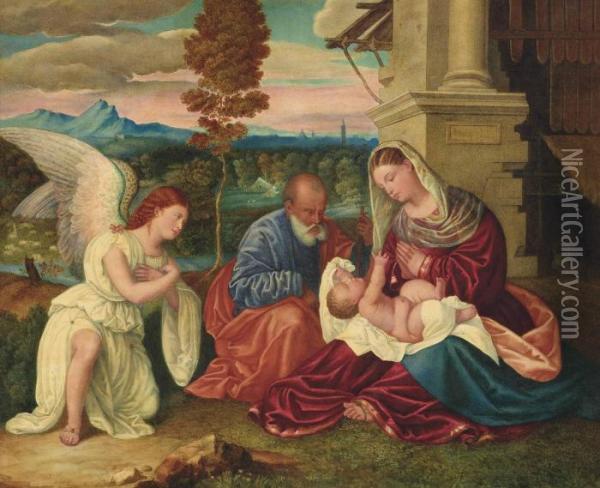 The Holy Family With The Archangel Gabriel Oil Painting - Tiziano Vecellio (Titian)