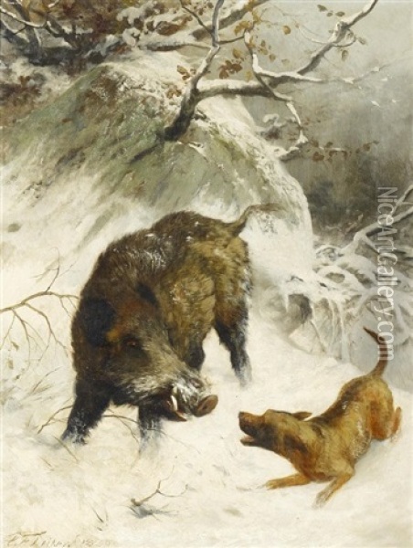 Jagdhund Und Wildschwein Oil Painting - Carl Friedrich Deiker