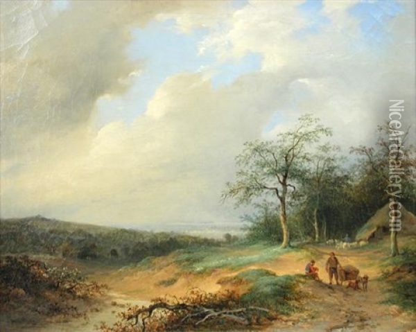 Travellers Resting On A Path, A Shepherd And His Flock Beyond Oil Painting - Johannes Hilverdink
