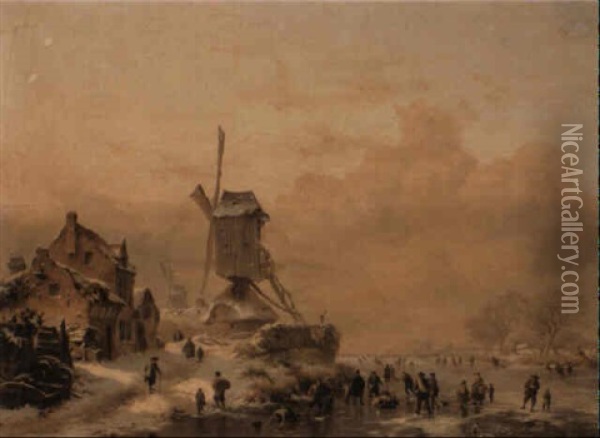 Skaters On A Frozen River Before A Windmill Oil Painting - Frederik Marinus Kruseman