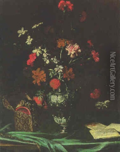 Flowers In A Vase With A Casket Of Jewels And Letters On A Table Oil Painting - Mario Nuzzi