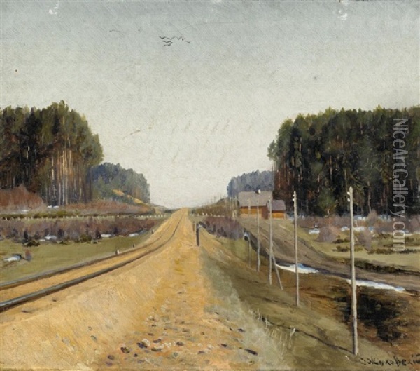 Landschaft Mit Der Eisenbahn Im Bau Oil Painting - Stanislaw Zukowski