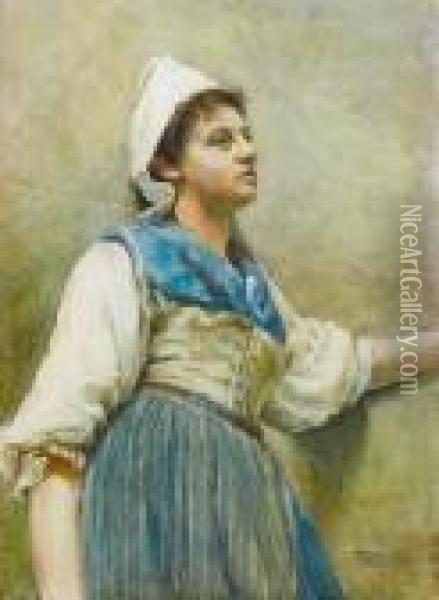 A Breton Washerwoman Oil Painting - William Langley