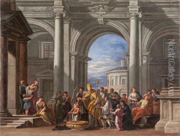Scena Di Battesimo Con Architetture Oil Painting - Giovanni Ghisolfi