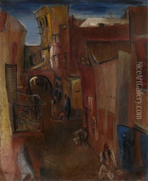 View Of A Moroccan Street Oil Painting - Boris Dmitrievich Grigoriev