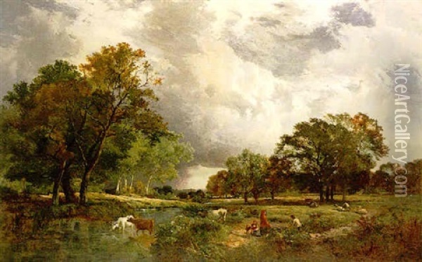 Gathering Faggots By The Stream Oil Painting - Sidney Richard Percy