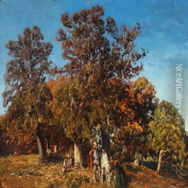 Landscape With People By A Tree Oil Painting - Peder Vilhelm Jensen-Klint