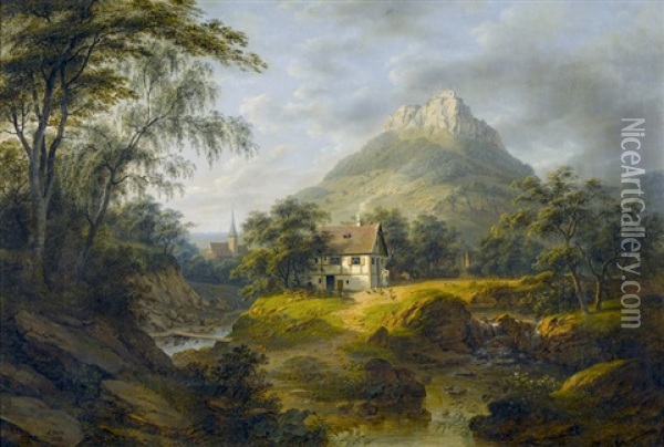 Idyllische Landschaft Mit Burg Und Bauernhaus Oil Painting - Carl Doerr