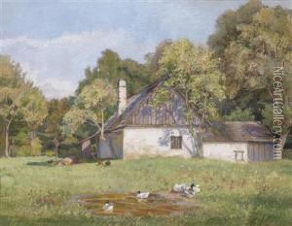 A Farmhouse At The Edge Of A Wood Oil Painting - Therese Schachner