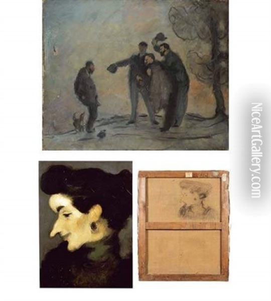 Rencontre Ou: Bonjour Monsieur Auguste! (+ Sketch For Femme Au Long Nez, Portrait D'yvette Guilbert, Verso) Oil Painting - Louis Anquetin